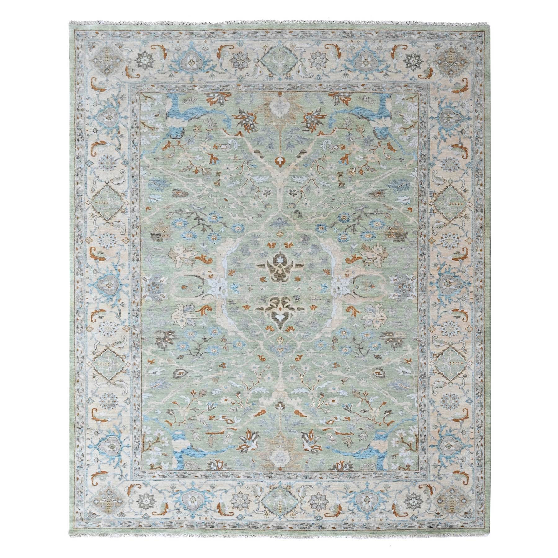9'1"x11'10" Pistachio Green, Oushak with Floral Motifs, Hand Knotted, Pure Wool, Soft Pile, Denser Weave, Oriental Rug 